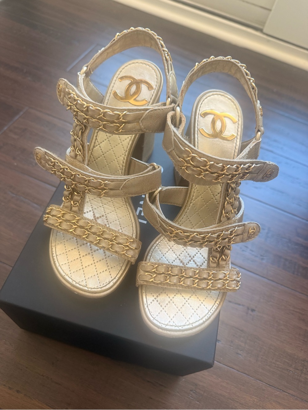 CHANEL Gold Quilted Chain-Trim Heel Strap Sandals with box - Picture 1 of 6